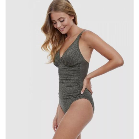 Profile by Gottex Luminous Safari V-Neck One Piece Swimsuit Olive US Size 8 - Picture 2 of 8